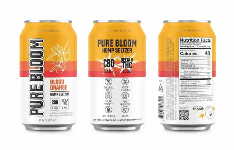 Pure Bloom Blood Orange can shown from the front, side and nutrition-label view.