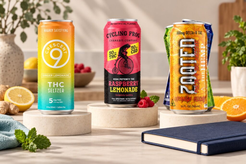 Crescent 9, Cycling Frog and The Hemp Doctor products with their labeled THC strengths