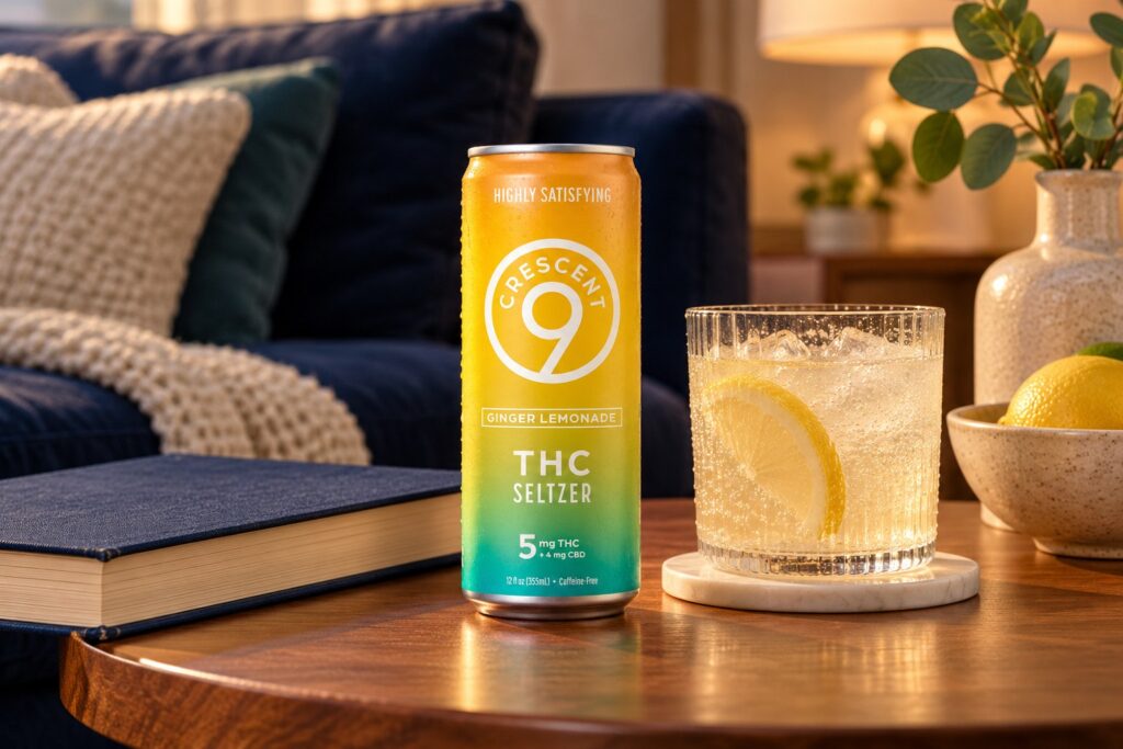 Crescent 9 Ginger Lemonade beside a citrus glass on a side table