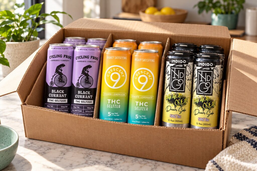 Mixed carton of Cycling Frog, Crescent 9 and Indigo beverage products