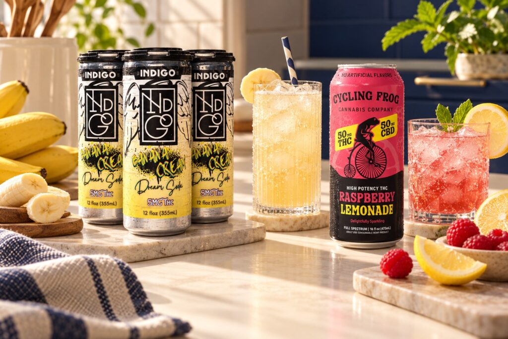 Indigo Banana Cream and Cycling Frog Raspberry Lemonade with serving glasses