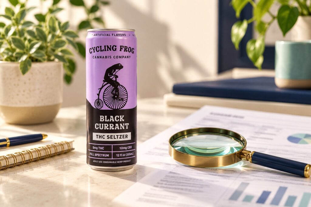 Cycling Frog Black Currant beside a magnifier and illustrative lab document