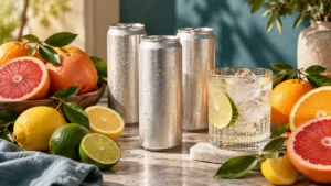 Silver beverage cans and a sparkling drink surrounded by fresh citrus.