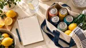 Beverage cans, sparkling water and a shopping checklist beside a reusable tote.