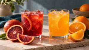 Ruby blood orange soda and golden orange soda with matching sliced citrus.