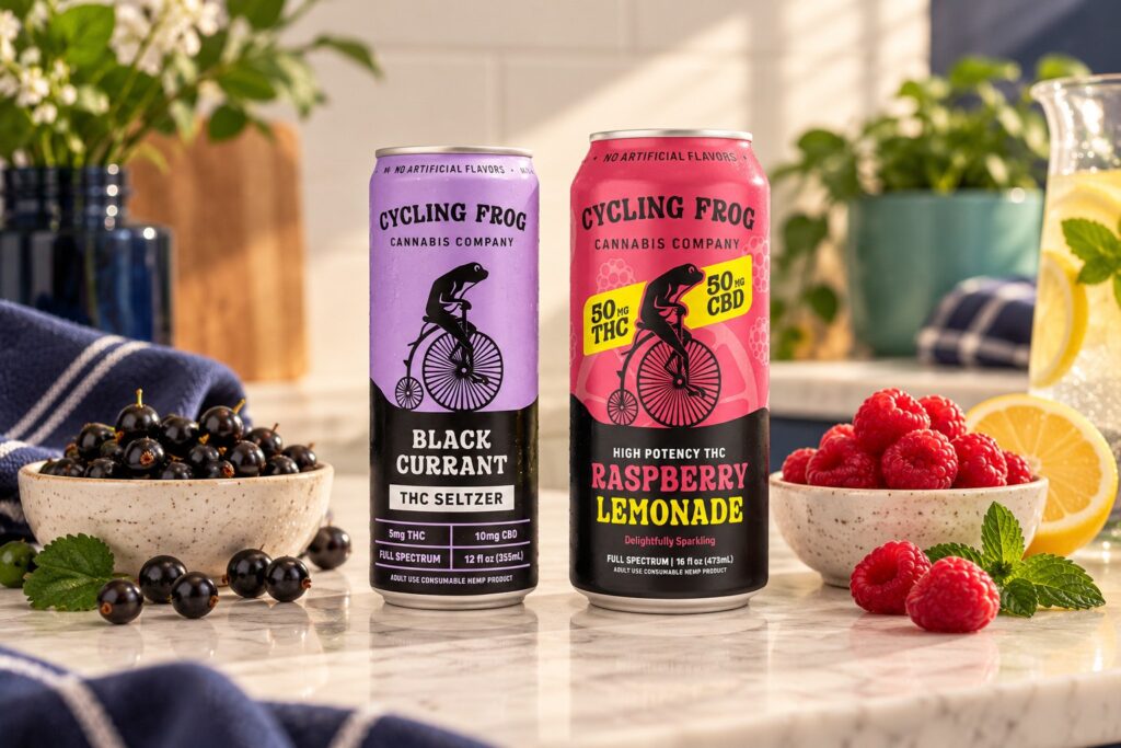 Cycling Frog Black Currant and Raspberry Lemonade with berries
