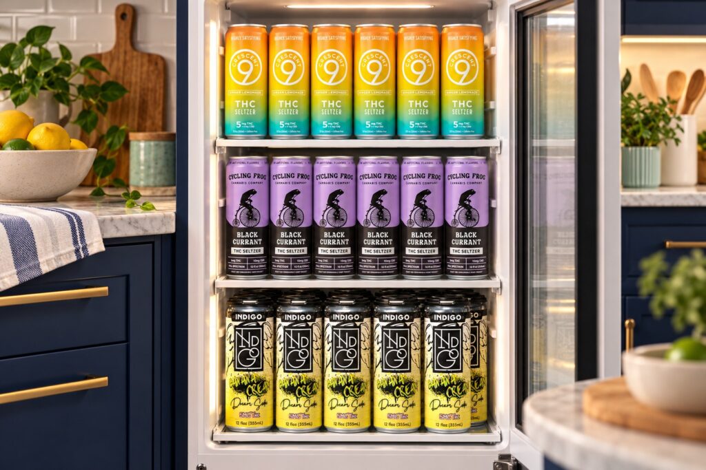 Open white fridge stocked with Crescent 9, Cycling Frog and Indigo products