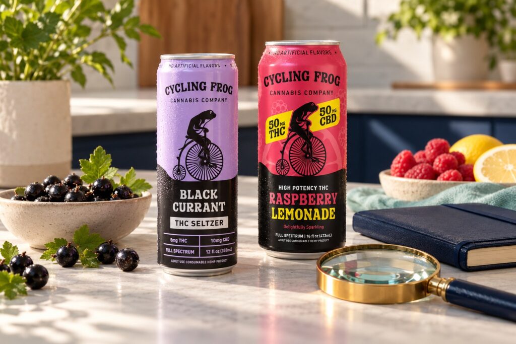 Cycling Frog Black Currant and Raspberry Lemonade showing different cannabinoid formulations