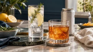 Sparkling citrus drink in a highball glass beside a short glass of amber tea.
