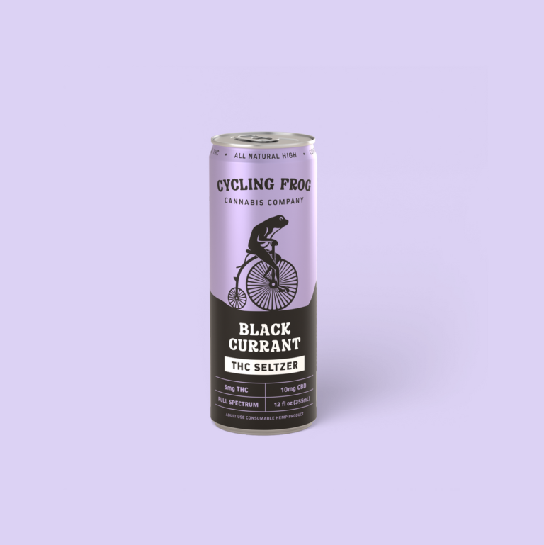 Cycling Frog Black Currant THC seltzer can on a lavender background.