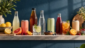 Assortment of beverage cans, bottles and glasses with citrus and berries.