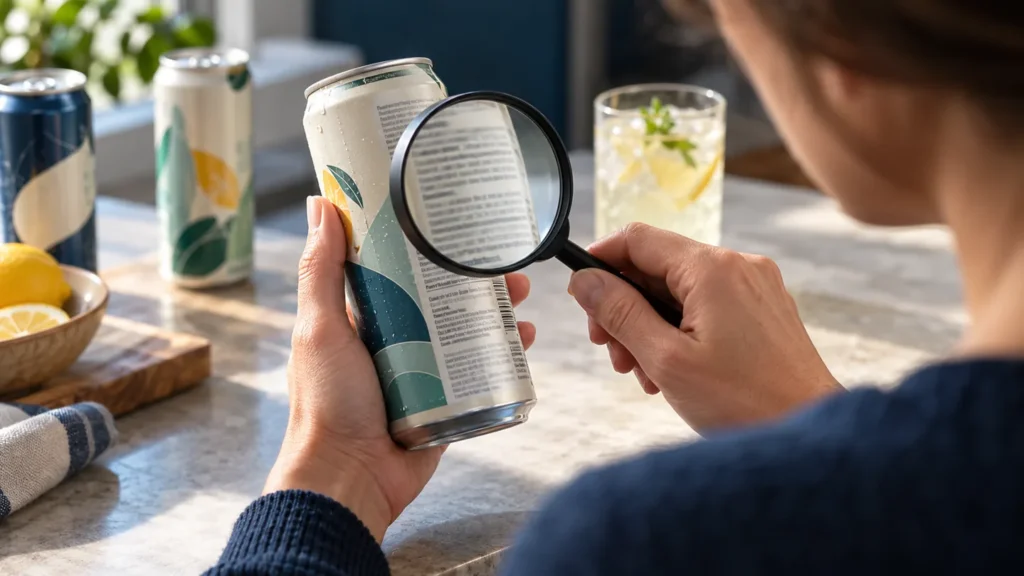An adult using a magnifier to inspect a beverage ingredient label.