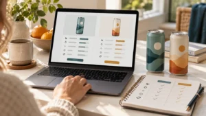 Shopper comparing two beverages online beside a notebook and sample cans.