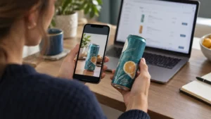 Adult comparing a saved smartphone photo with a matching beverage can.