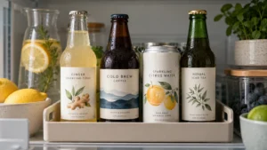 Chilled bottles and cans stored upright with their original labels facing forward.