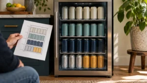 Compact beverage cooler with organized rows of cans and a matching shelf layout sketch.