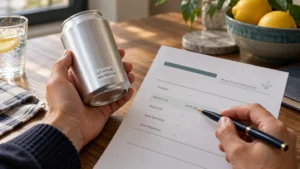 Hands comparing a beverage can's lot code with matching illustrative paperwork.