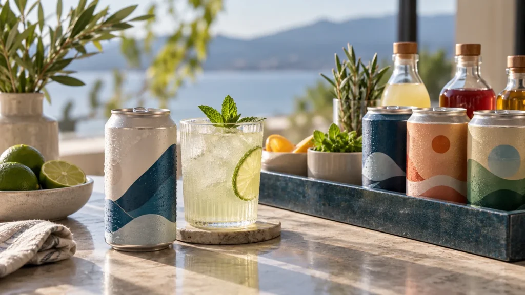 A considered non-THC sparkling drink beside a distinct tray of beverage choices.