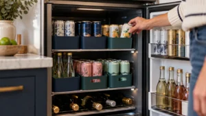 Adult organizing labeled beverage cans in an orderly refrigerator.