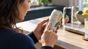 An adult checking THC and CBD information in separate areas of a beverage label.