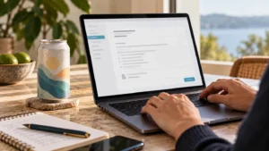 A product document request on a laptop beside a beverage can and notes.