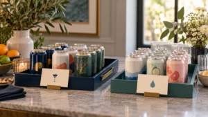 Two separate beverage trays with category cards at an adult drink station.
