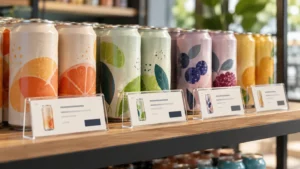 Clear beverage shelf tags arranged beside neatly displayed cans.