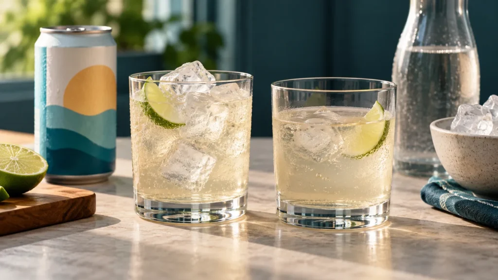 Two glasses showing a chilled drink before and after ice begins to melt.