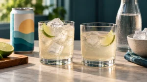 Two glasses showing a chilled drink before and after ice begins to melt.