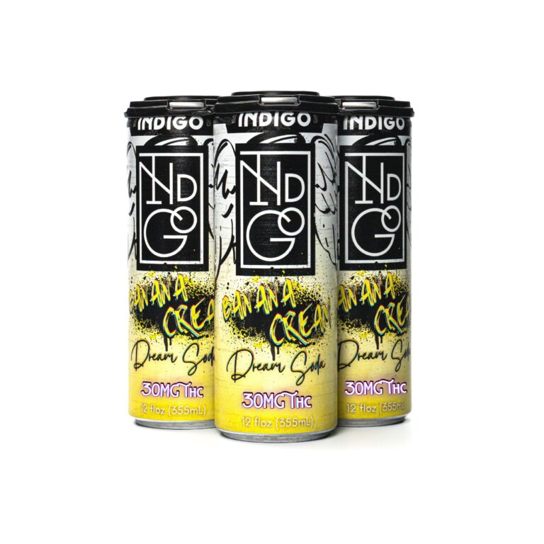Indigo Banana Cream manufacturer packaging with cans labeled 50mg THC.