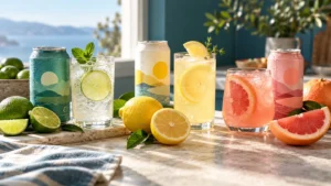 Lime, lemon and grapefruit drinks beside matching fresh citrus.