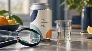 Beverage can marked mg and mL beside a graduated beaker and magnifying glass.