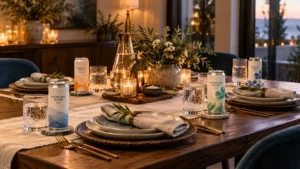 Evening dinner table with four place settings and individual beverage cans.