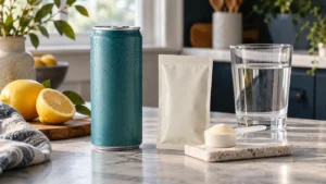 Ready-to-drink can beside a drink-mix sachet, measuring scoop and water.