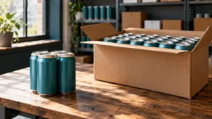Four-pack of teal cans beside a larger shipping case of matching beverages.