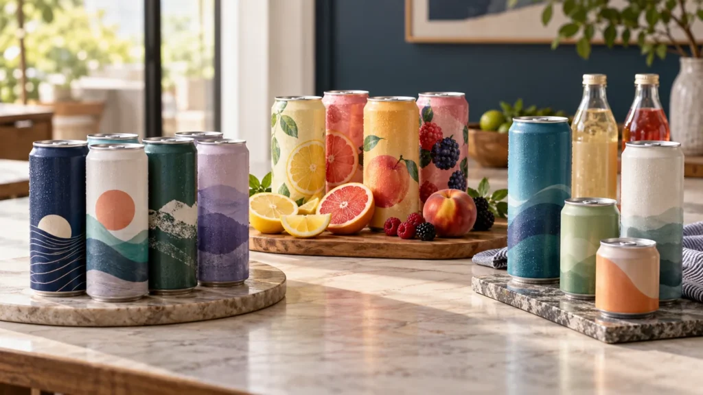 Beverage cans grouped by brand-style packaging, flavor and format.