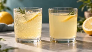 Side-by-side glasses comparing sparkling and still pale citrus drinks.