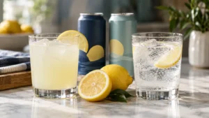 Cloudy lemonade and clear lemon seltzer in matching glasses with fresh lemons.