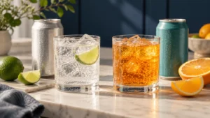Clear lime seltzer and orange soda in matching glasses beside beverage cans.