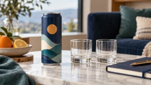 One tall beverage can beside two empty serving glasses.