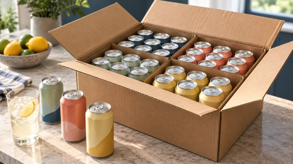 An open wholesale case showing its packed beverage cans.