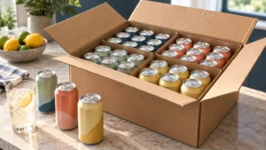 An open wholesale case showing its packed beverage cans.