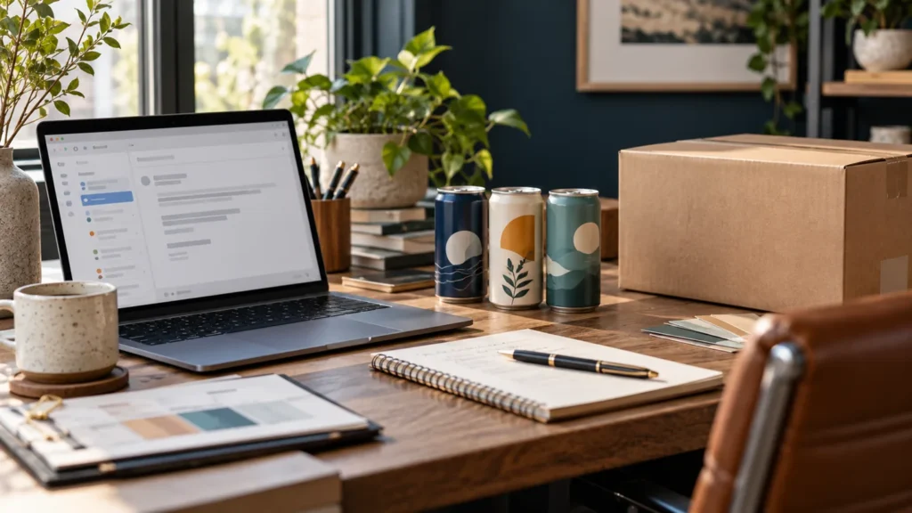 Laptop, sample beverage cans, shipping carton and notebook on a buyer's desk.