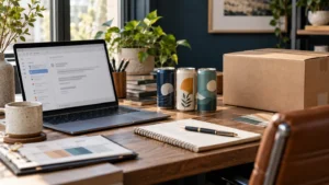 Laptop, sample beverage cans, shipping carton and notebook on a buyer's desk.