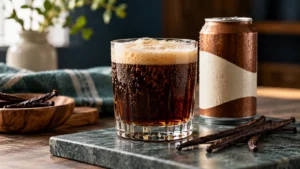 Glass of dark root beer with foam beside a brown-and-cream can and vanilla pods.
